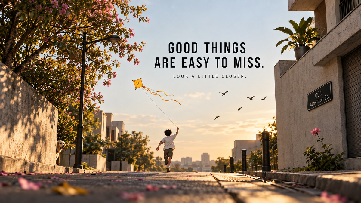 A child running down a sunlit street with a yellow kite, under the words Good things are easy to miss