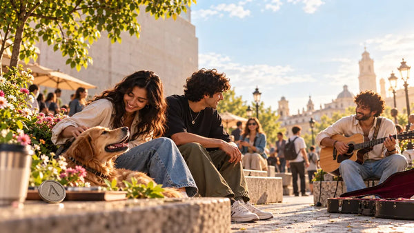 A sunny plaza with friends, a street musician, a happy dog and an attention coin in the foreground.