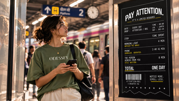 A commuter at a bright metro station beside the Attention receipt campaign poster