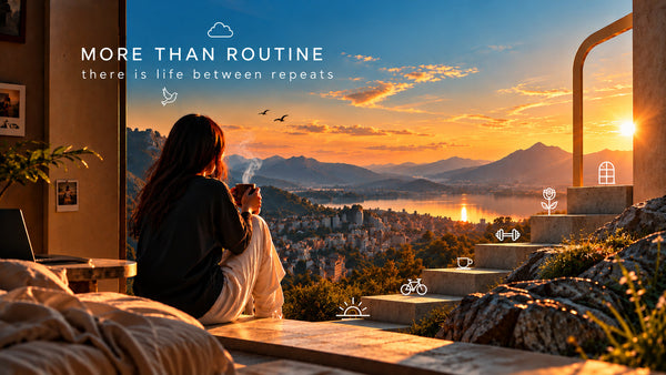 A person holding a warm drink at sunset, looking over a lake city and mountains, with small white symbols including a cup and saucer on the steps.