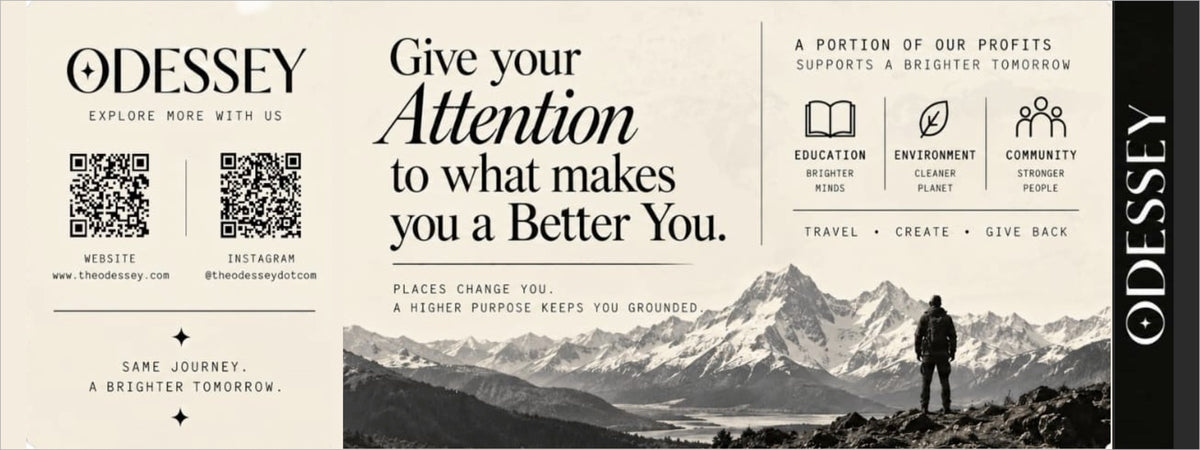 Odessey boarding pass, back: QR codes to the website and Instagram, and 'Give your Attention to what makes you a Better You'