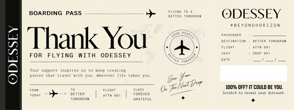 Odessey boarding pass, front: Thank you for flying with Odessey, with a scratch panel for up to 100% off
