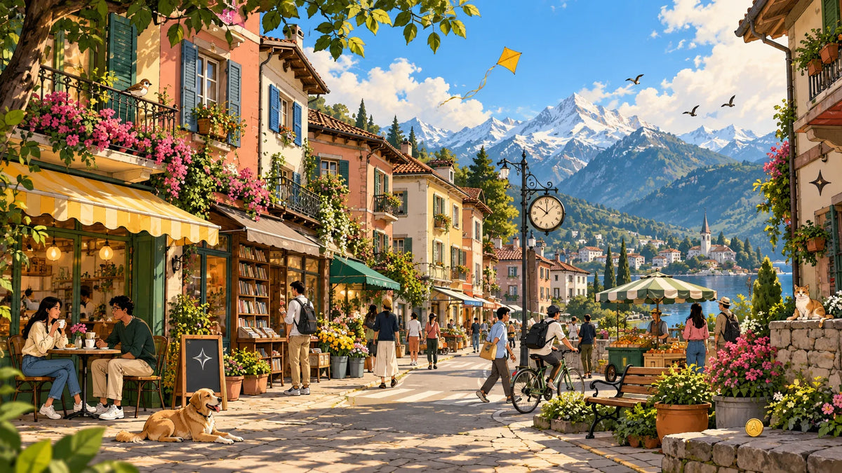 A sunny lakeside street with cafés, a bookshop, a street clock, people, a dog and a kite, with snow-capped mountains behind. Ten small things are hidden in it.