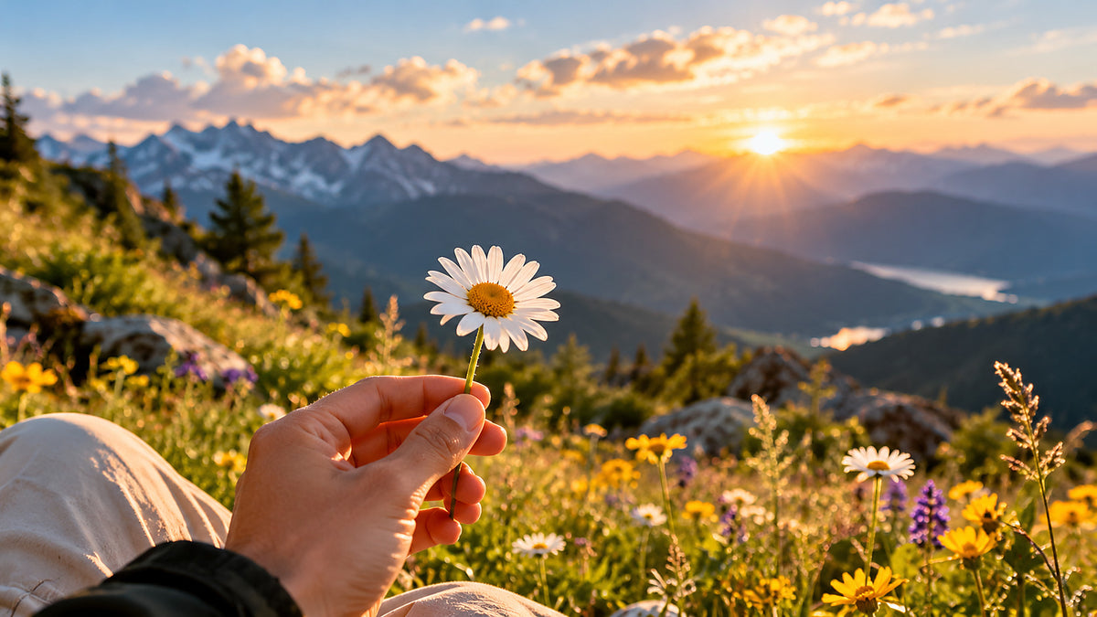 A small white daisy held up in a sunlit alpine meadow