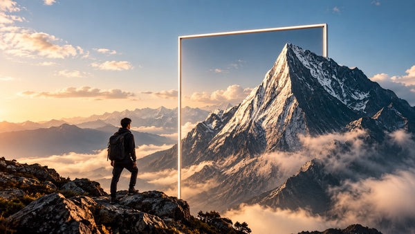 A traveller looking toward a vast mountain rising beyond a glowing frame at golden hour